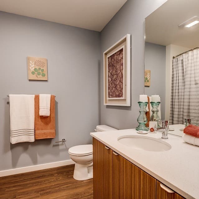 Osprey Apartments - bathroom with light cabinets and white countertops