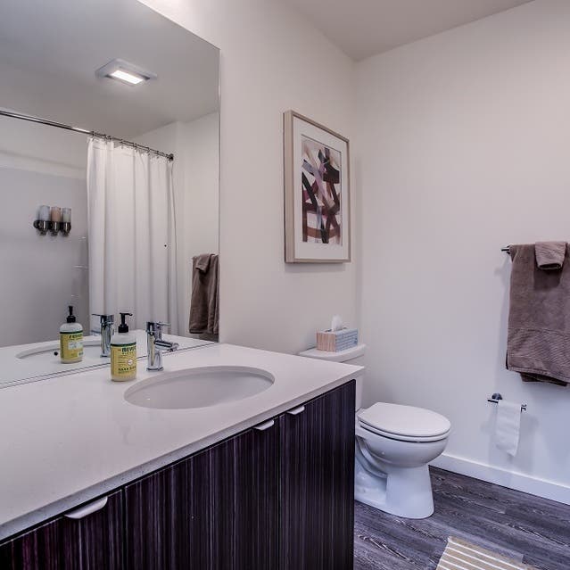 Osprey Apartments - bathroom with light cabinets and white countertops