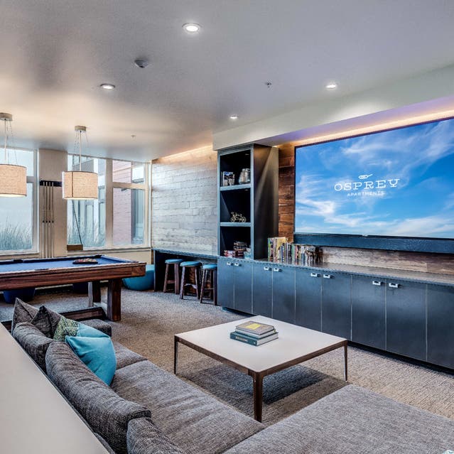Osprey Apartments - clubhouse with billiards, TV, and couch