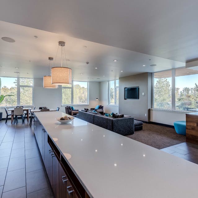 Osprey Apartments - clubhouse with catering kitchen, TV, and couch